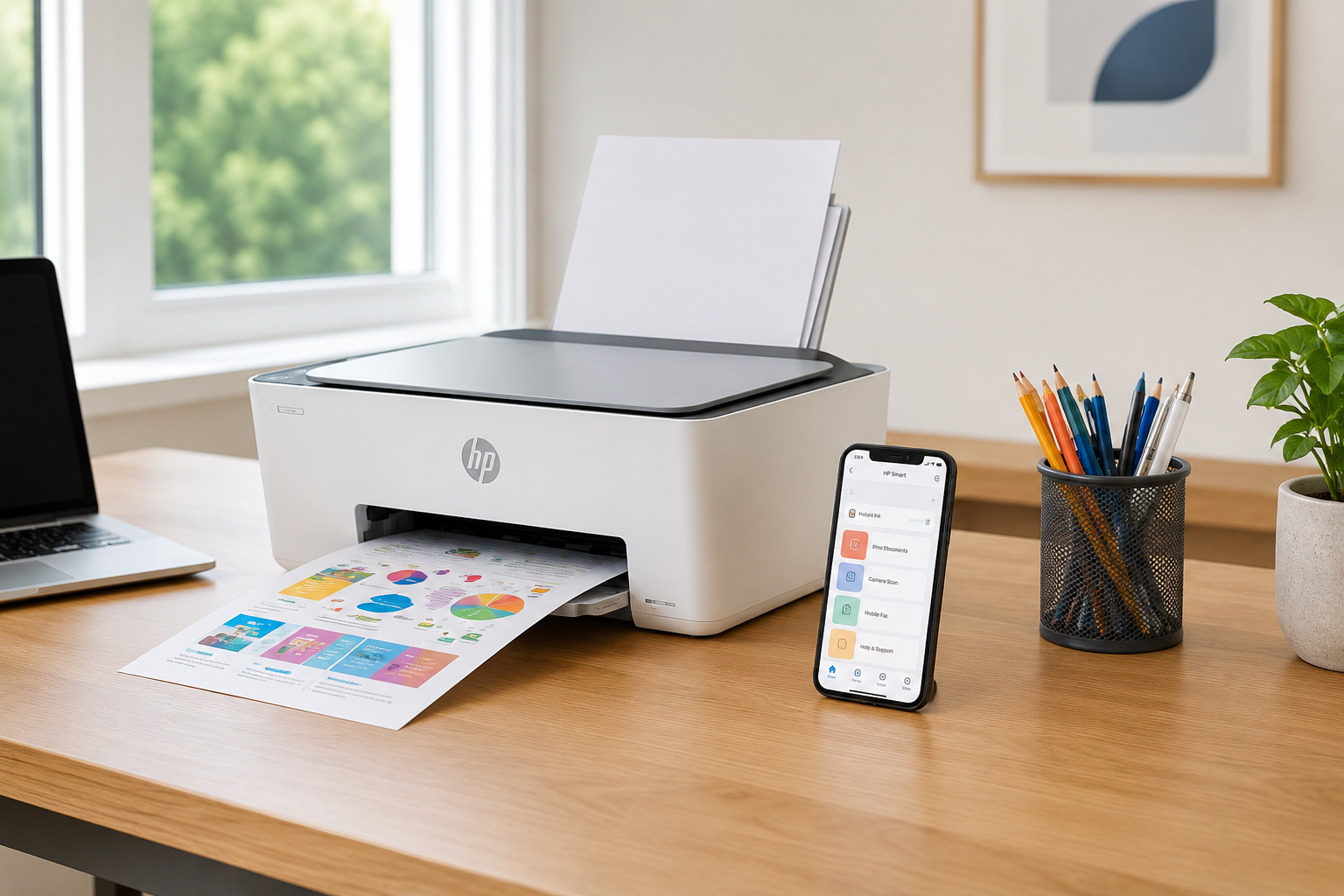 Printer and phone on desk